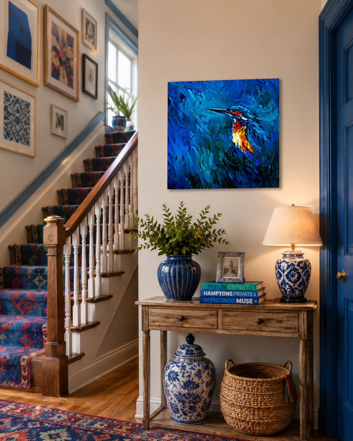 Staircase with a blue abstract painting, decorative vases, and a lamp in a home interior.