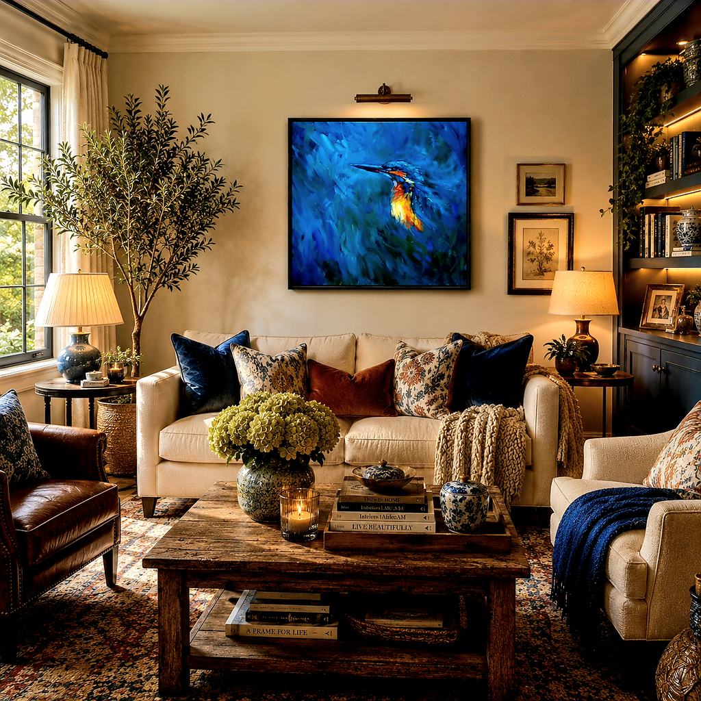 Cozy living room with a beige sofa, wooden coffee table, and a blue kingfisher canvas on the wal