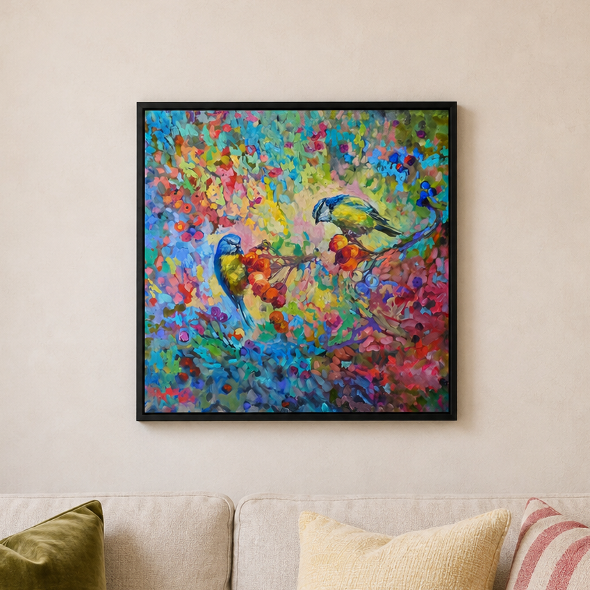 A colorful framed painting of two parrots perched among vibrant flowers, displayed on a beige wall above a sofa with pillows.