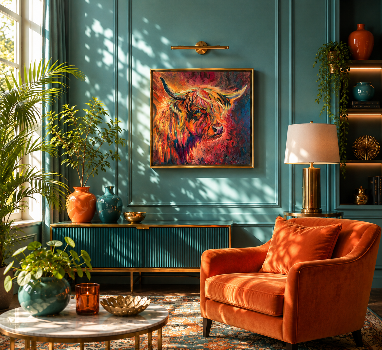 Living room with orange armchair, teal walls, and decorative items.