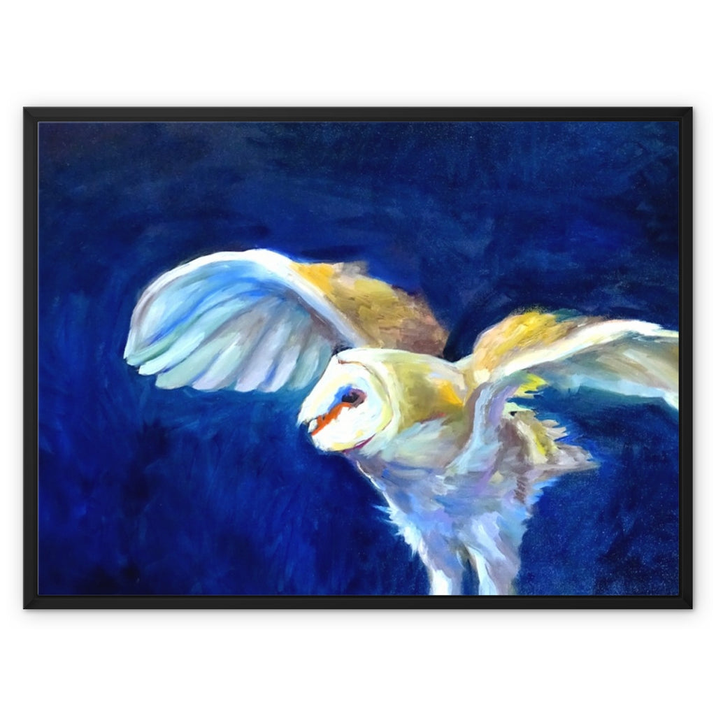 Barn owl canvas print with an owl taking off against dark blue night sky