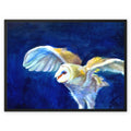 Barn owl canvas print with an owl taking off against dark blue night sky