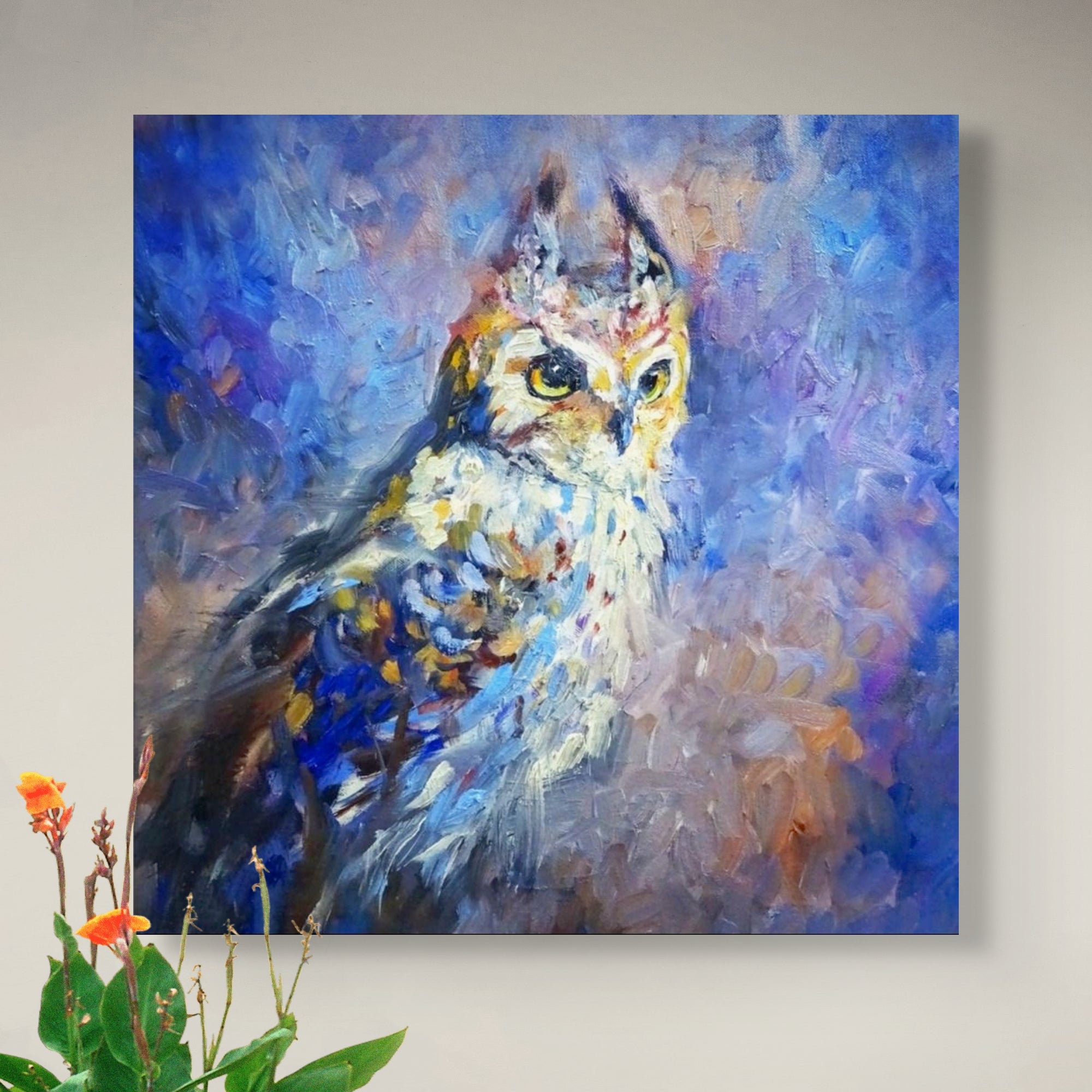 Eagle Owl Canvas - Animal Art by Susan Gardner - Contemporary Expressionist - Colourful Fine Art