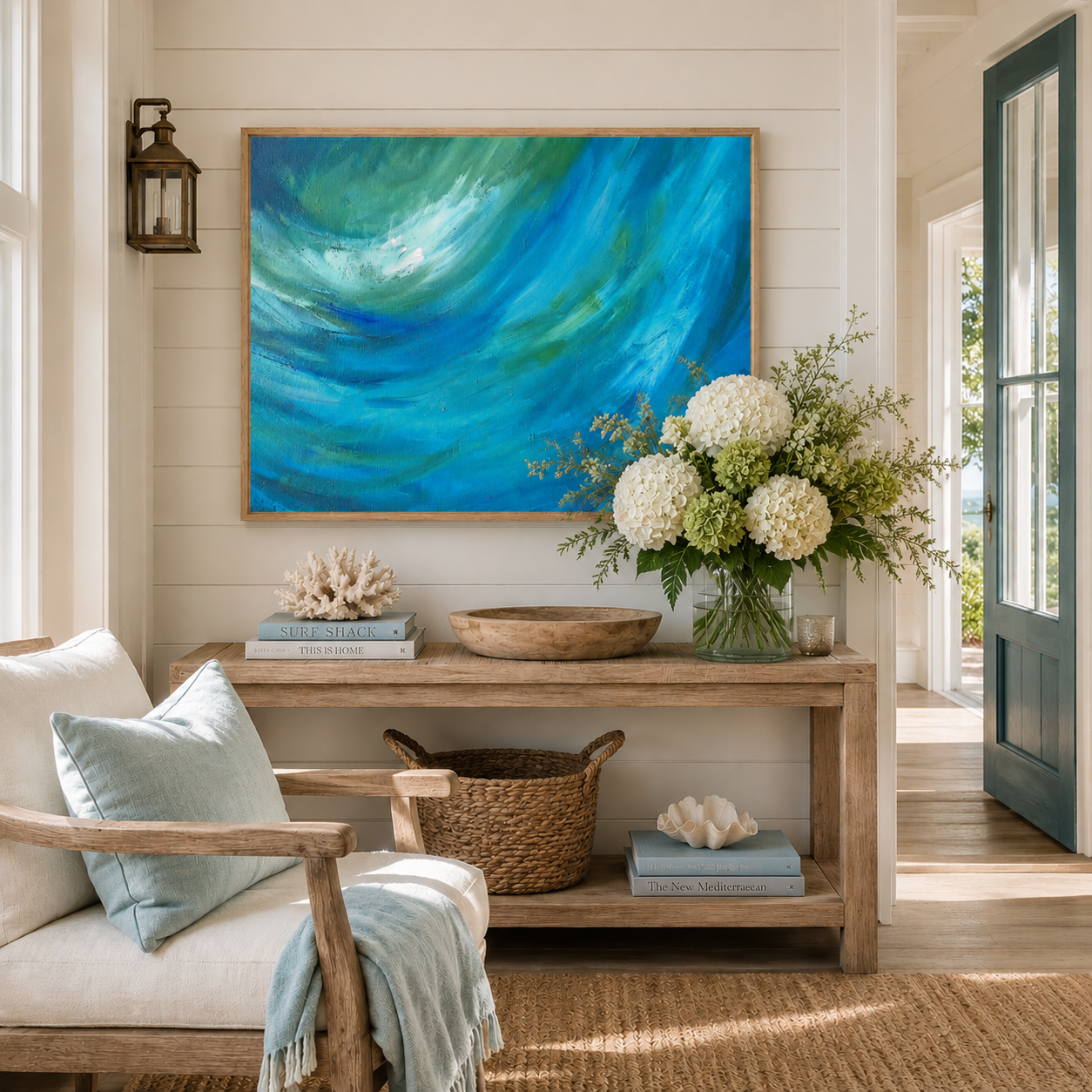 Living room with a large abstract painting, sofa, and decorative items.
