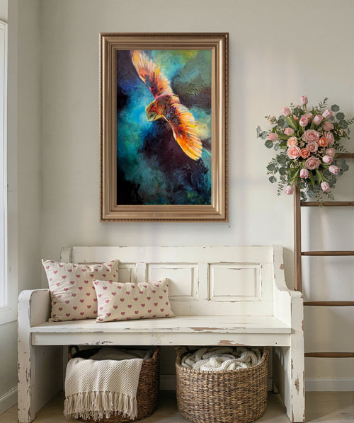 Colorful abstract painting of a bird above a white bench with decorative pillows and baskets.