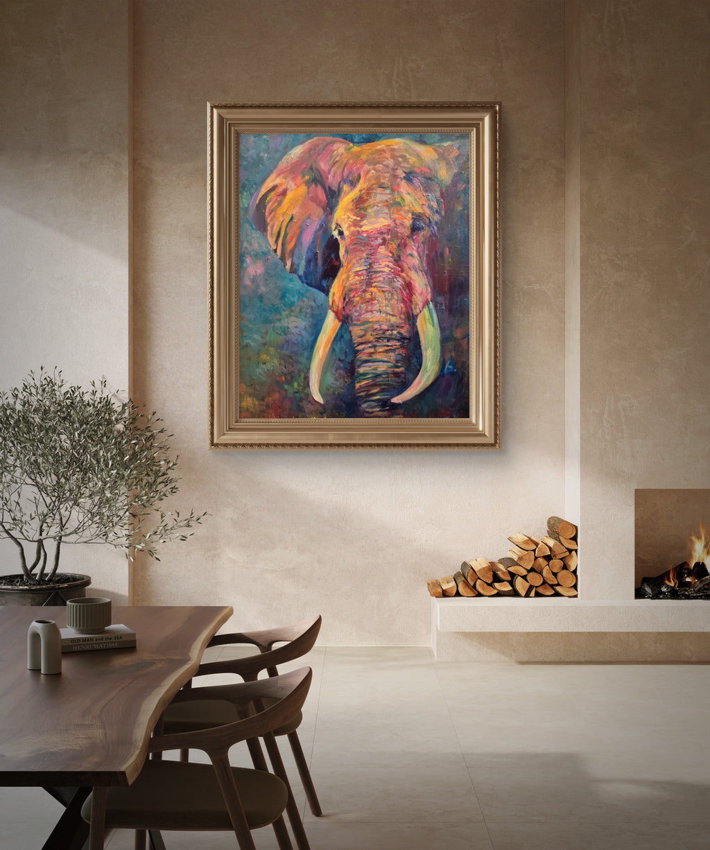 Colorful elephant painting in a modern living room with a fireplace and table.