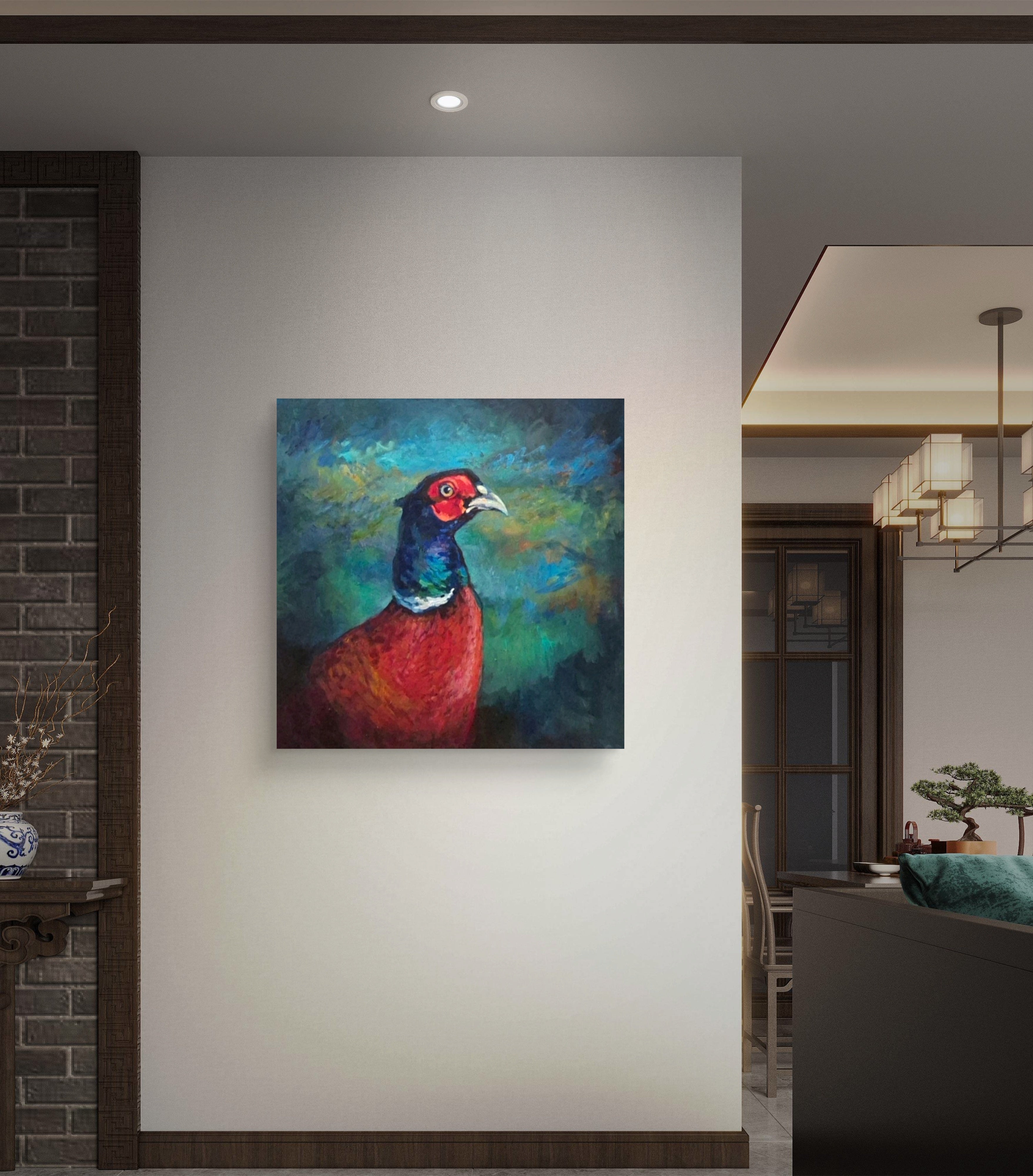 Colorful painting of a pheasant on a wall in a modern interior setting.