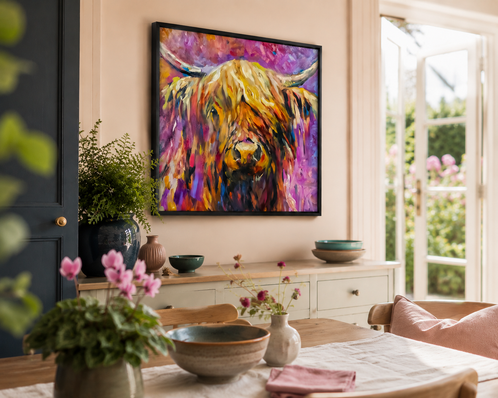 Colorful abstract painting of a highland cow on a wall in a room with a table and decor.