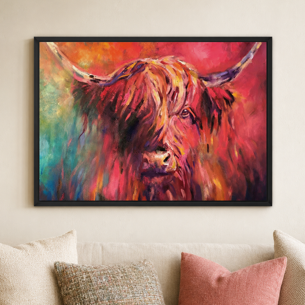 Colourful Highland Cow canvas art print with red and teal