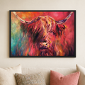 Colourful Highland Cow canvas art print with red and teal