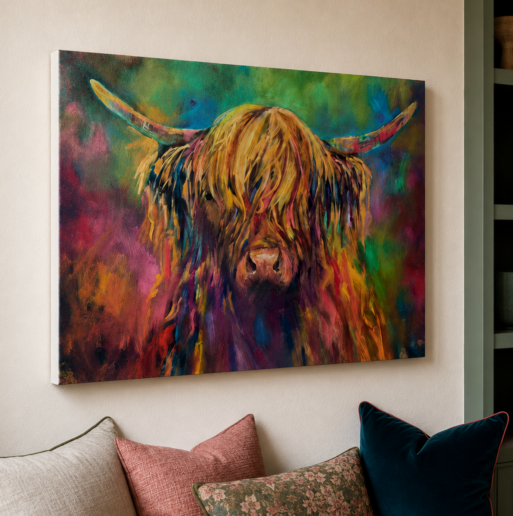 A colorful canvas wall art print depicting a shaggy Highland cow, displayed on a beige wall above a sofa with decorative pillows.