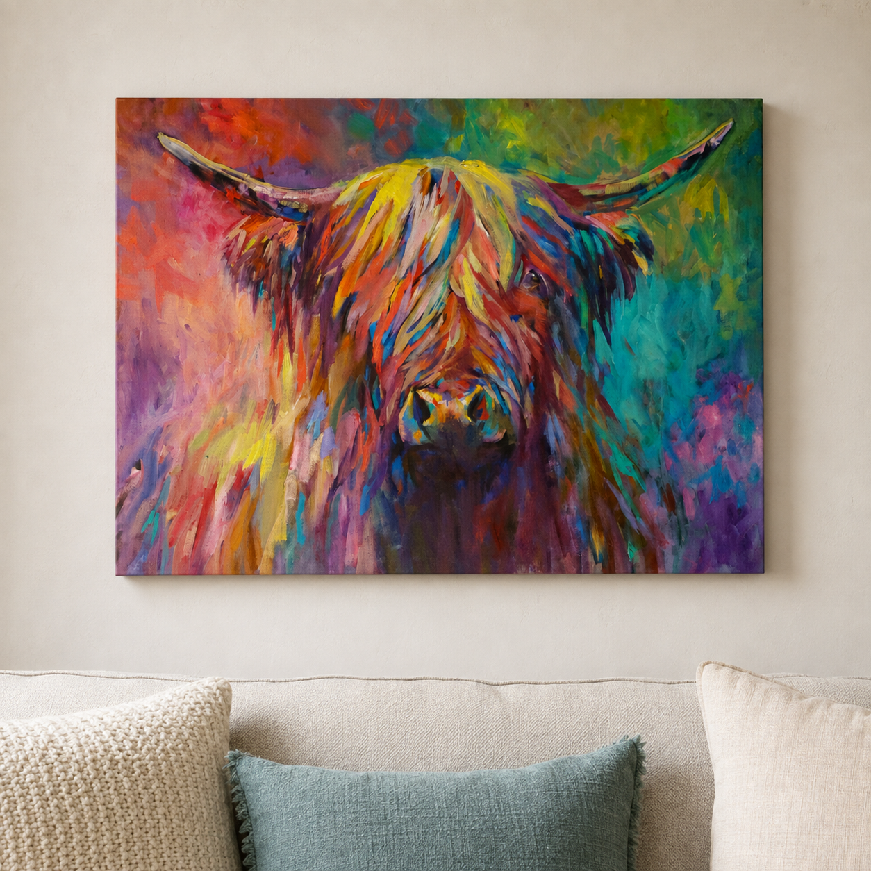 A colorful canvas wall art print depicting a Highland cow portrait, hanging on a light beige wall above a sofa with neutral-toned cushions.