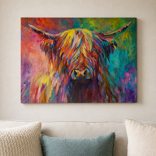 A colorful canvas wall art print depicting a Highland cow portrait, hanging on a light beige wall above a sofa with neutral-toned cushions.