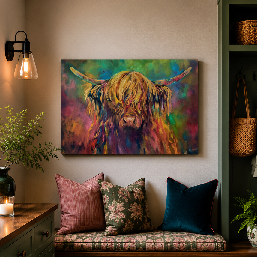 Colorful painting of a highland cow on a wall above a cushioned bench with decorative pillows.
