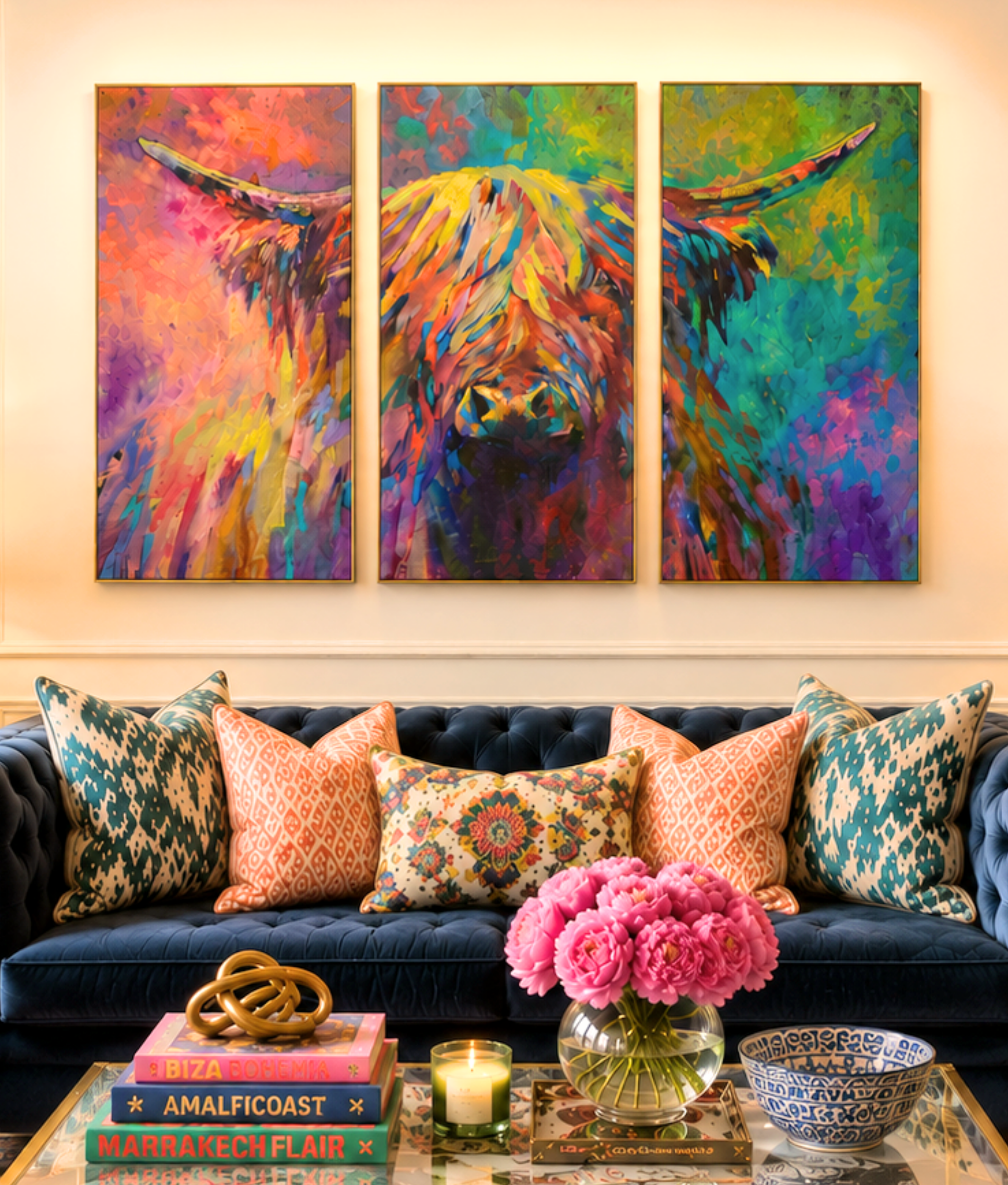 Colorful abstract paintings of a cow on a wall above a navy blue sofa with patterned cushions.