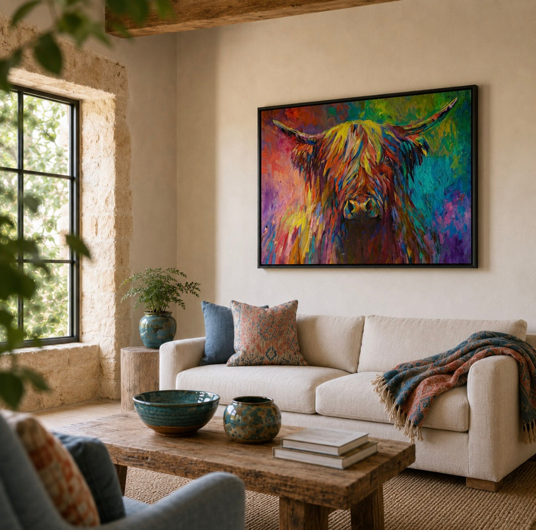 A colorful framed canvas print of a Highland cow hangs on a beige wall above a cream sofa in a rustic, sunlit living room.