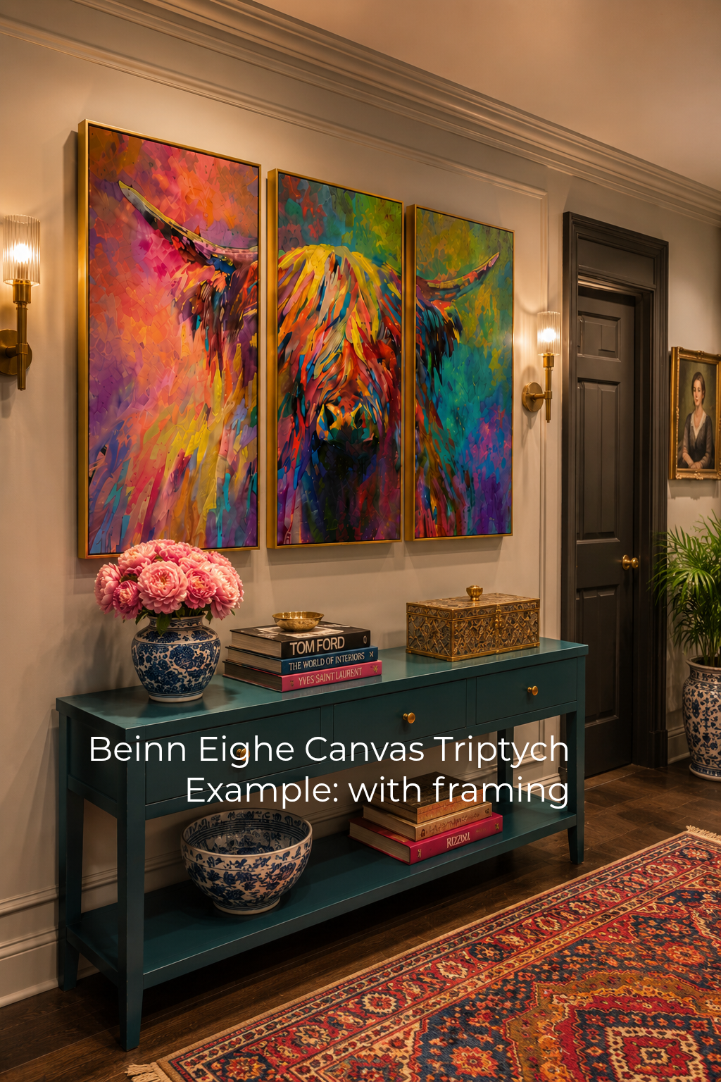 Colorful abstract paintings of a cow on a wall above a teal console table with decorative items.