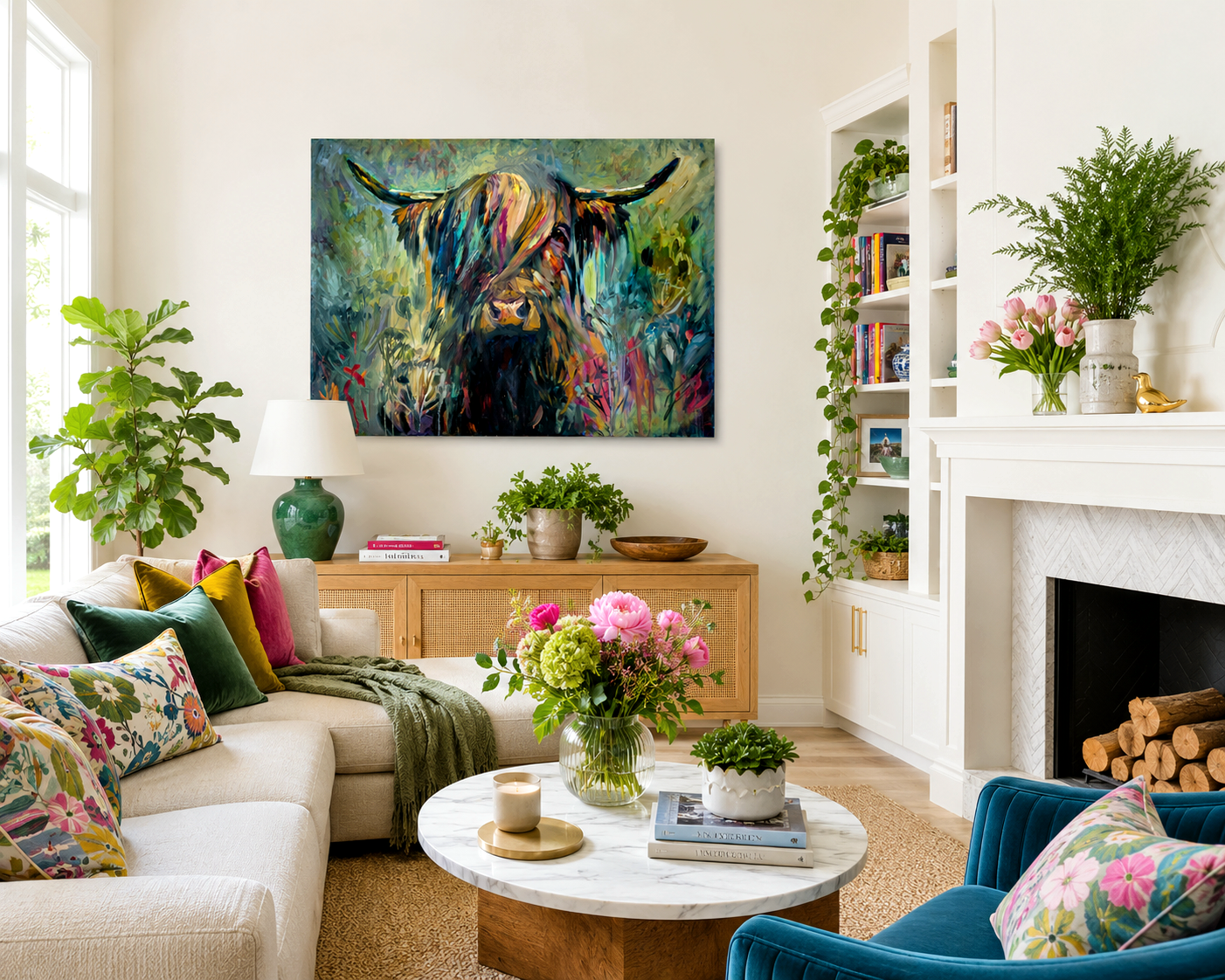 Living room with a colorful cow painting on the wall, floral arrangements, and decorative items.