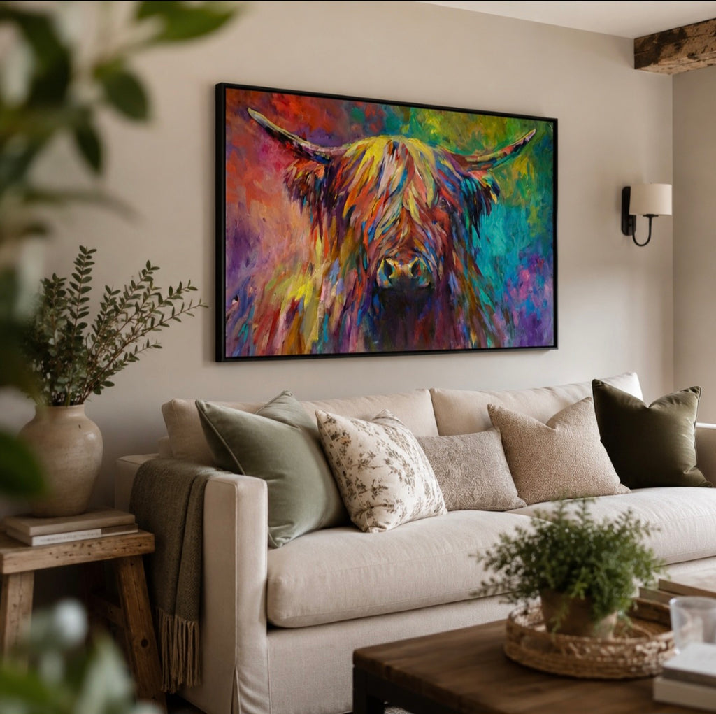 Colourful Highland Cow wall art in a cosy country home