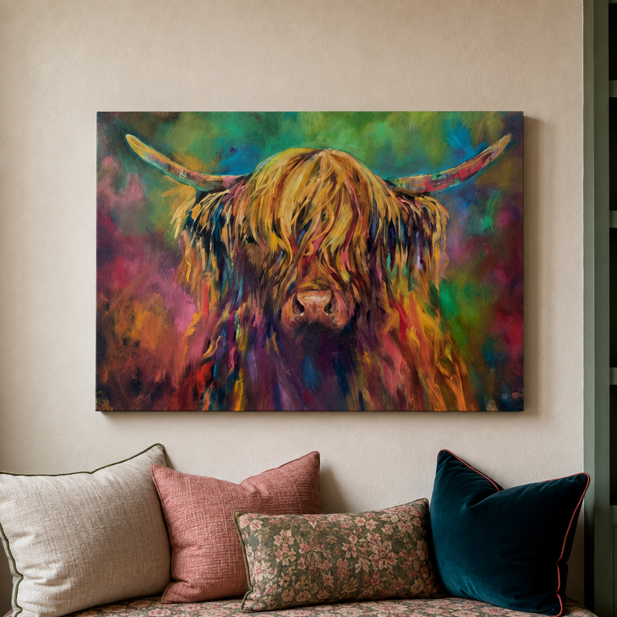 A colorful canvas wall art print depicting a Highland cow in expressive brushstrokes, displayed on a beige wall above a sofa with decorative pillows.