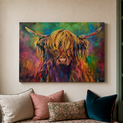A colorful canvas wall art print depicting a Highland cow in expressive brushstrokes, displayed on a beige wall above a sofa with decorative pillows.