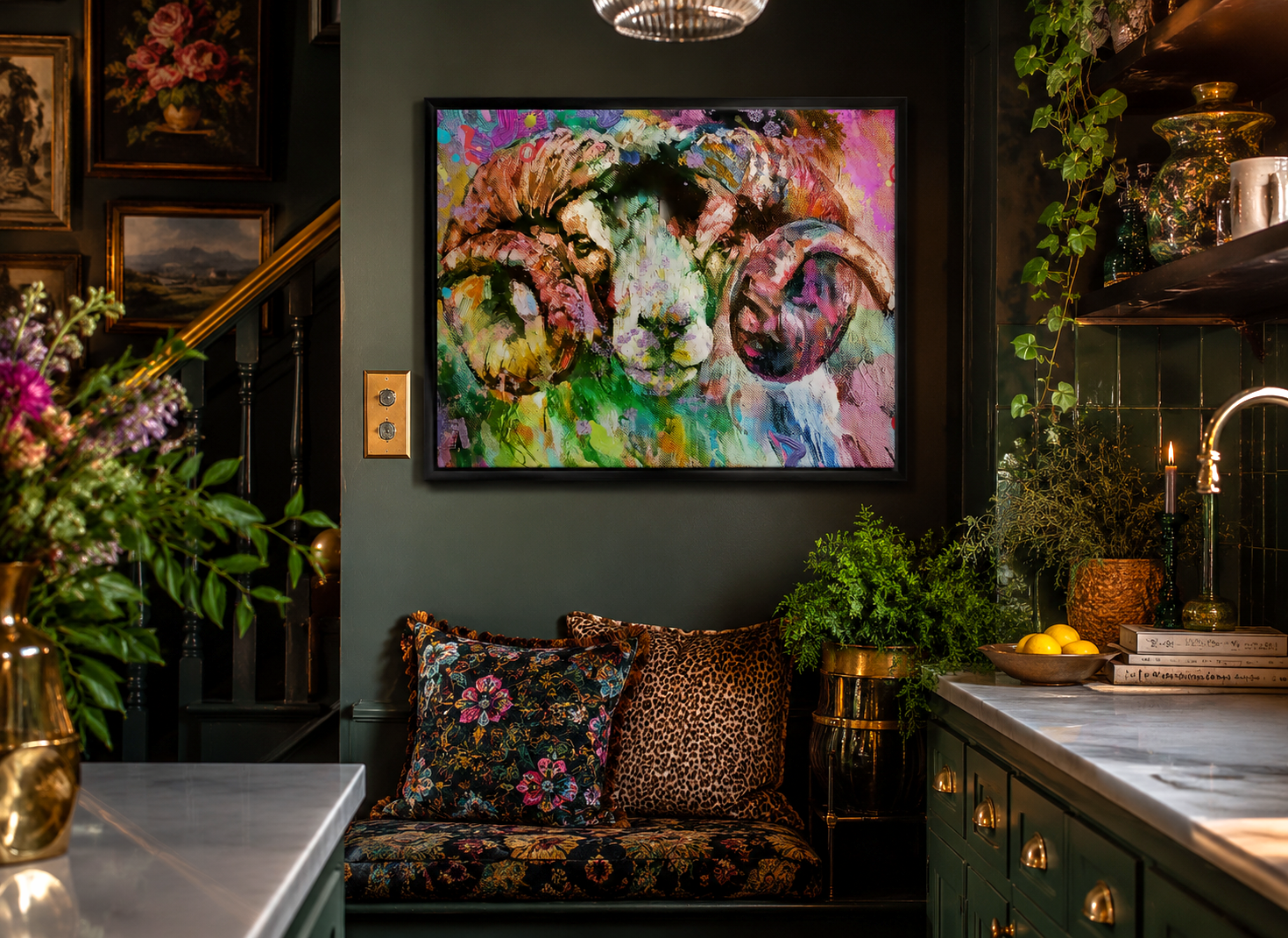 Colorful abstract painting of a ram on a dark wall above a patterned sofa.