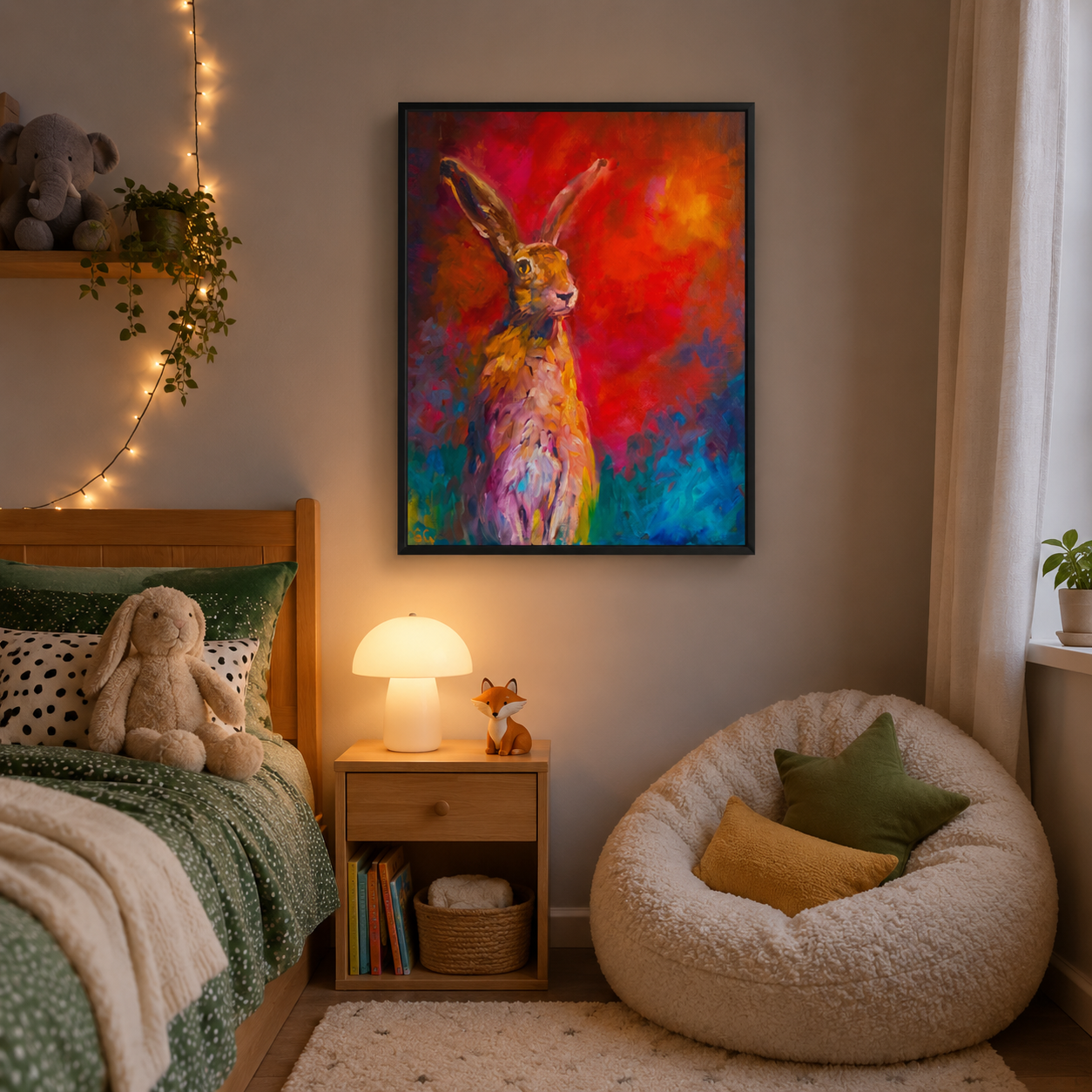 Children's bedroom with a colorful hare painting on the wall, bean bag chair, and bed with plush toys.