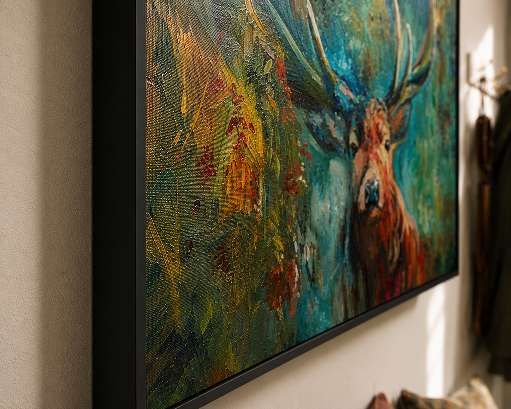 Colorful abstract painting of deer on a wall