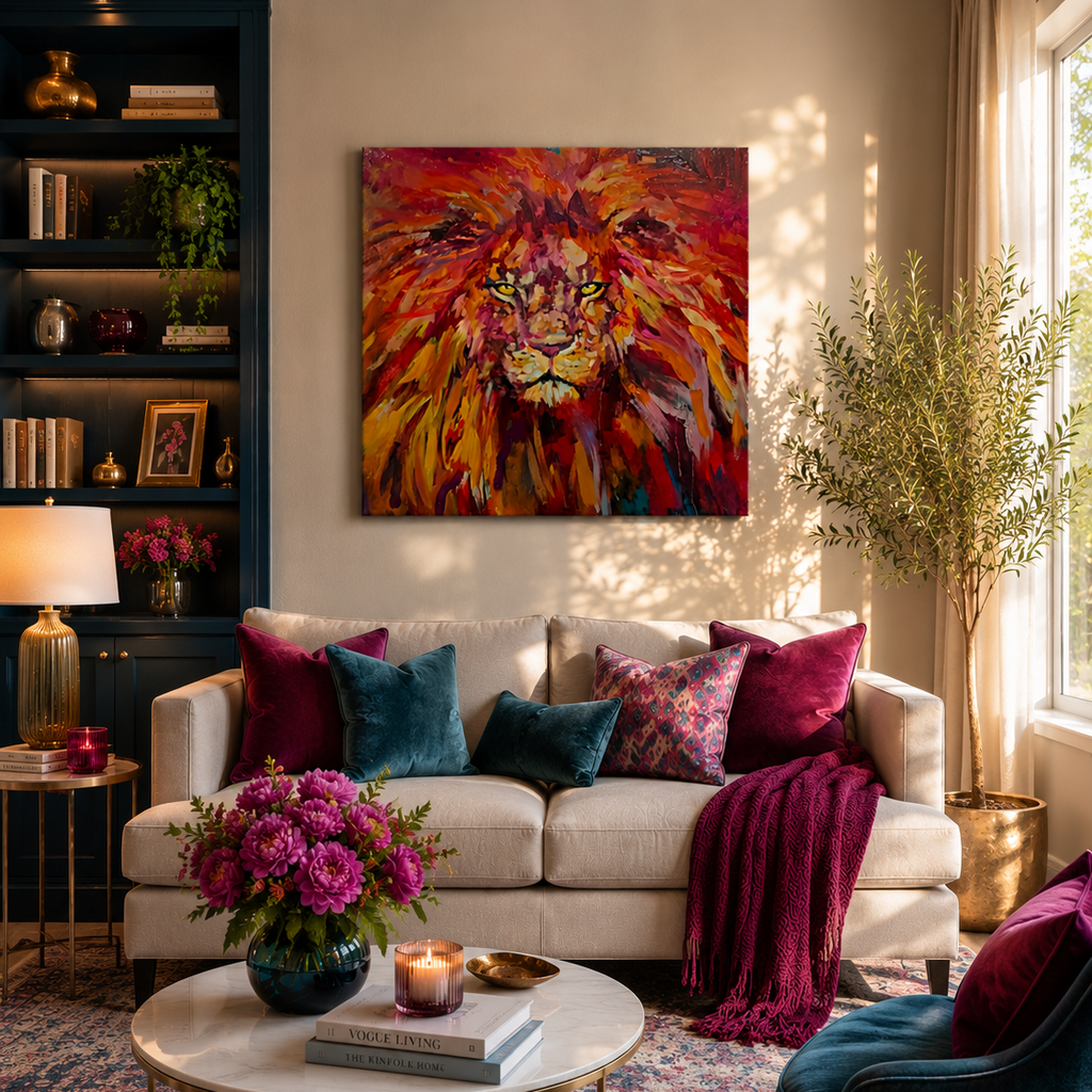 Living room with a colorful lion painting on the wall, a white sofa with patterned cushions, and decorative items.