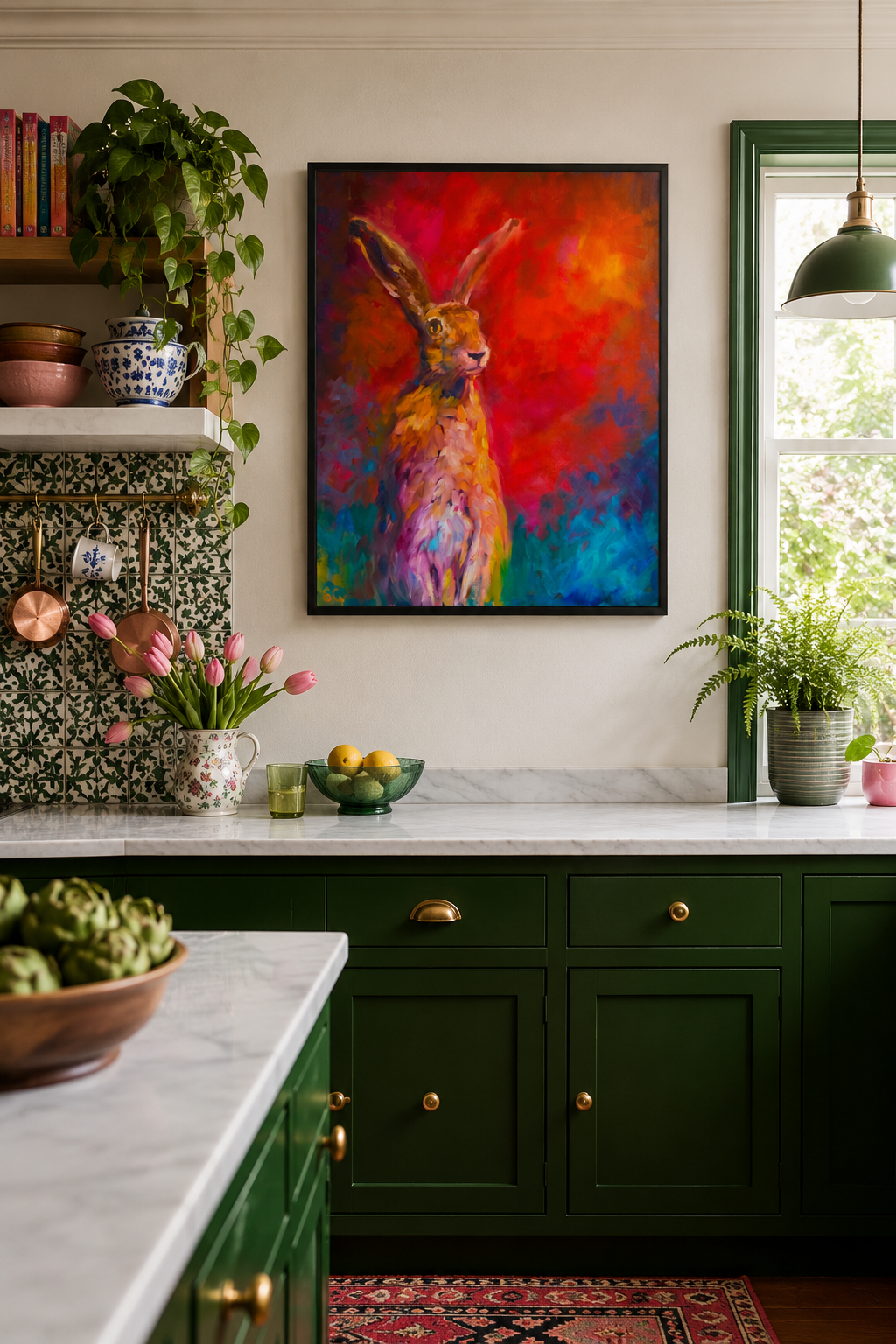 Colorful abstract painting of a hare in a maximalist kitchen with green cabinets and a window.