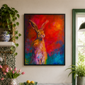 Colourful hare art in a kitchen setting 