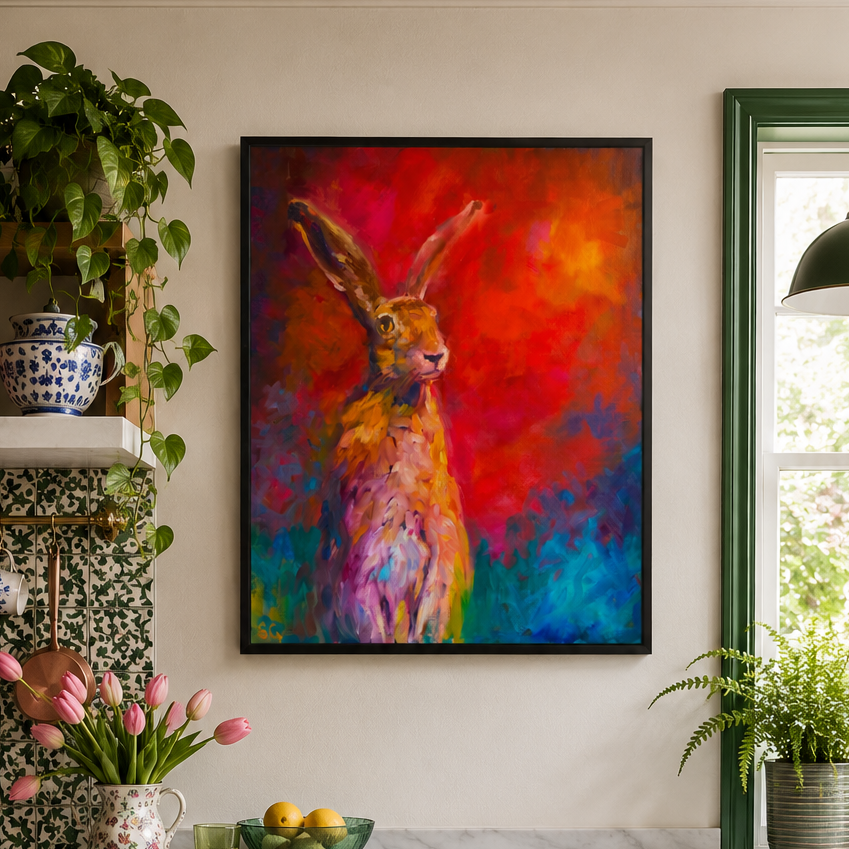 Colourful hare art in a kitchen setting 