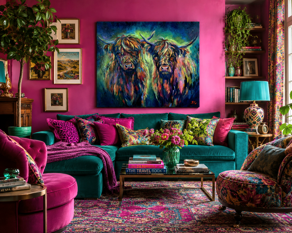 Colorful living room with a vibrant painting of a cow on a pink wall.