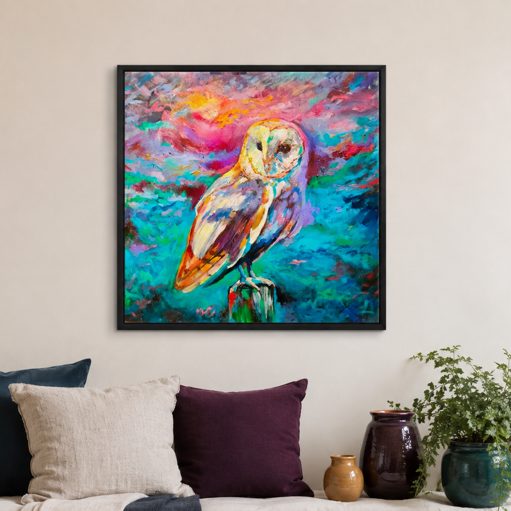 A framed colorful painting of a barn owl perched on a post, displayed on a beige wall above a couch with pillows and decorative vases.