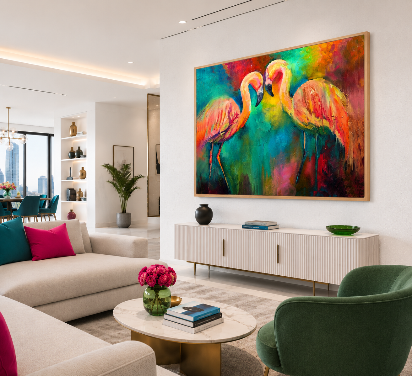 Modern living room with a colorful flamingo painting on the wall.