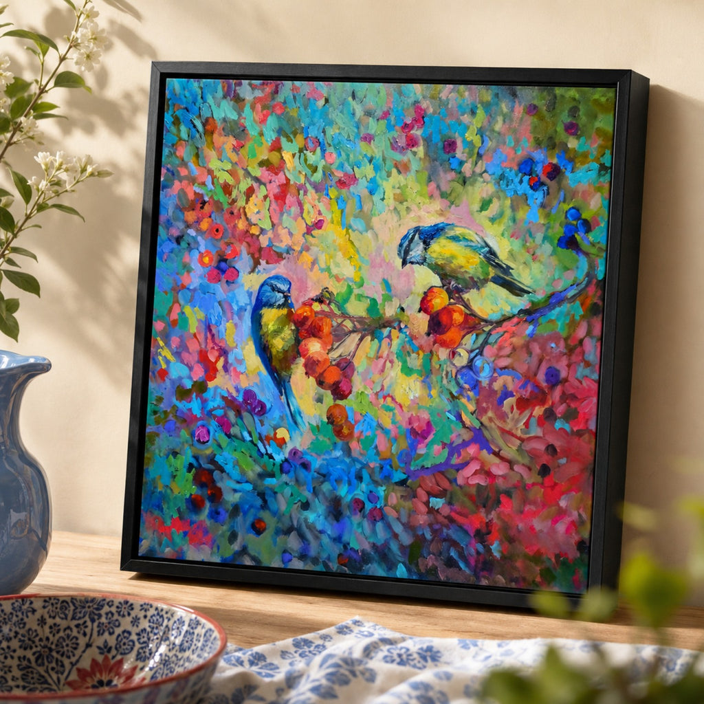 A framed colorful painting of two bluebirds perched on a branch surrounded by vivid flowers, displayed on a tabletop with a vase and bowl nearby.