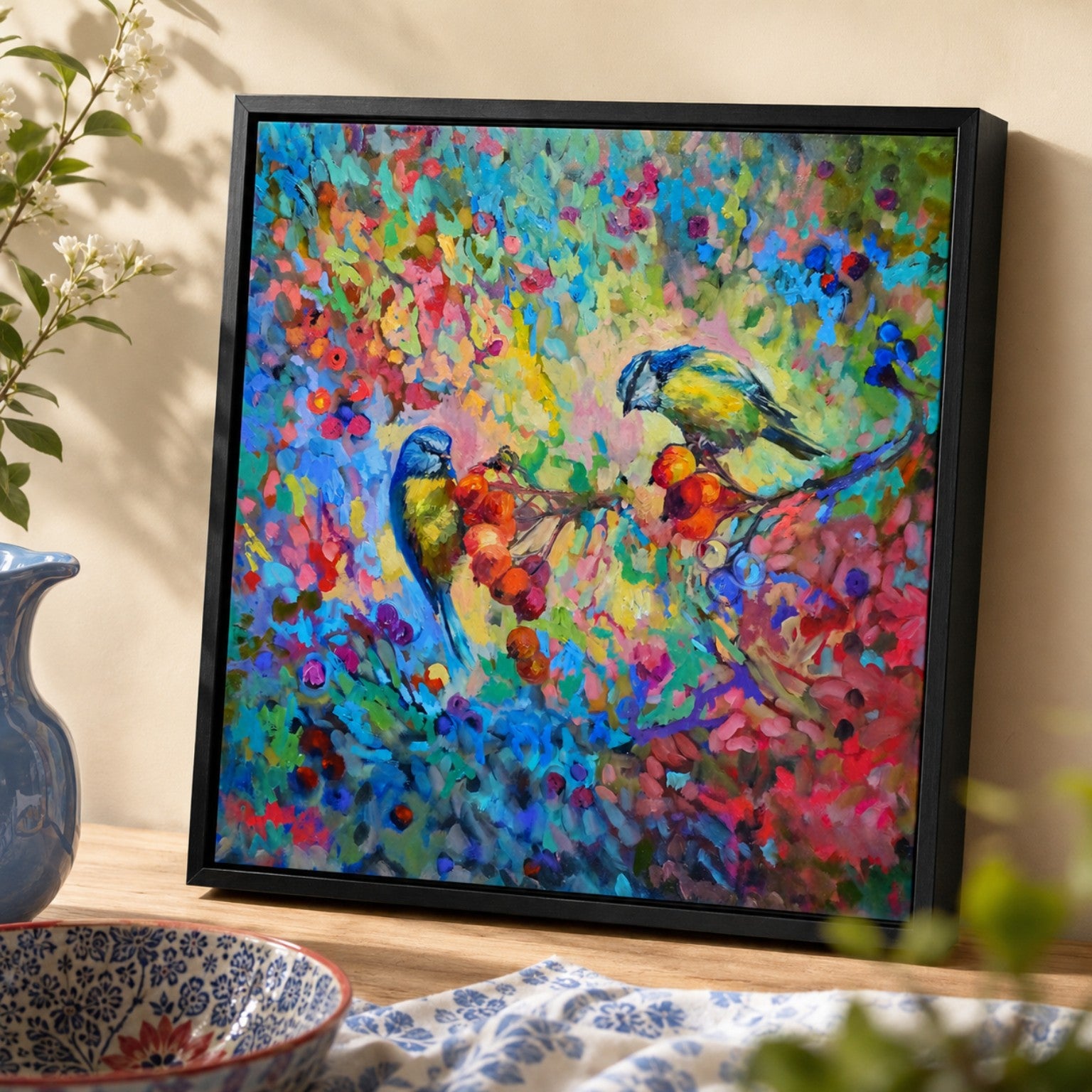 A framed colorful painting of two bluebirds perched on a branch surrounded by vivid flowers, displayed on a tabletop with a vase and bowl nearby.