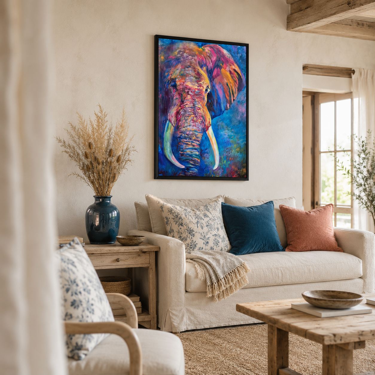 A colorful framed painting of an elephant hanging on a cream-colored wall above a beige sofa with patterned and blue pillows in a rustic living room setting.