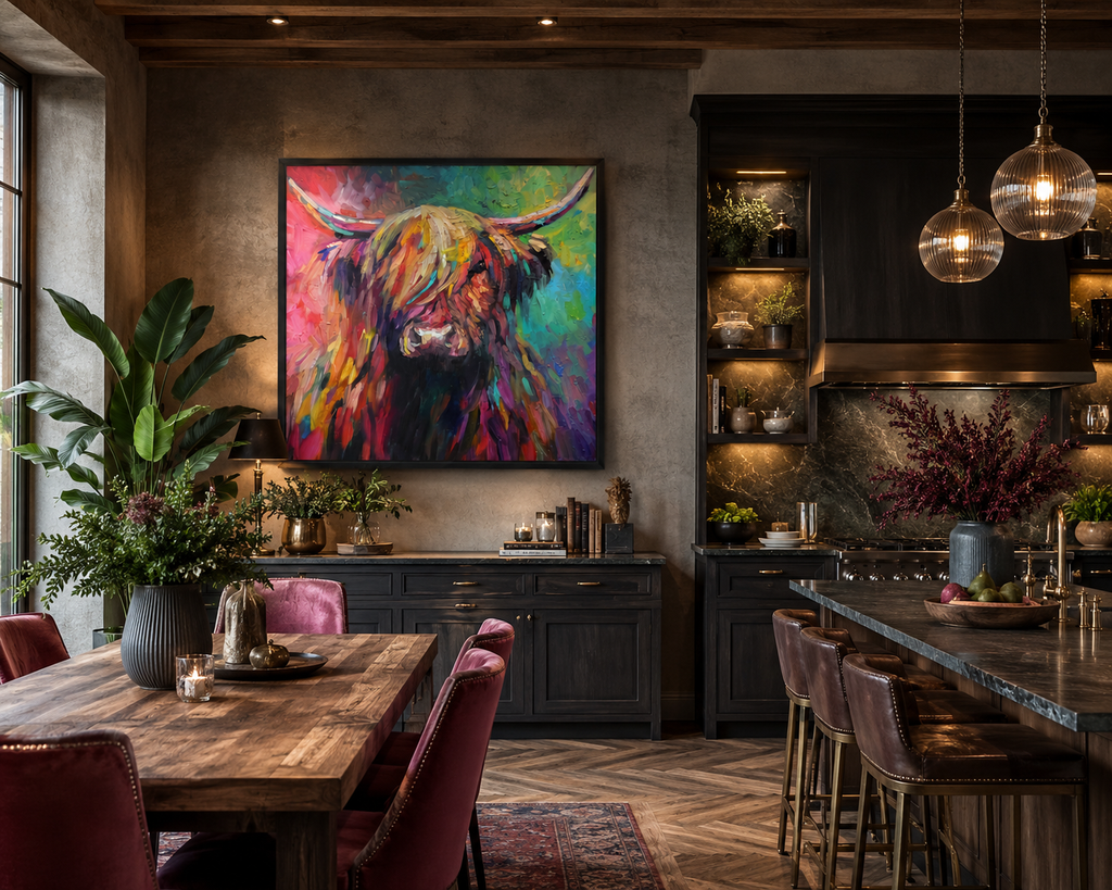 Dining room with a colorful cow painting on the wall, wooden table, and chairs.