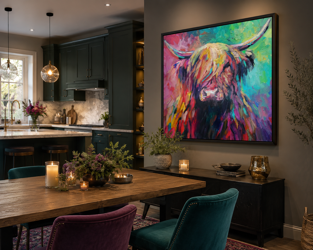 Dining room with a colorful cow painting on the wall, wooden table, and chairs.