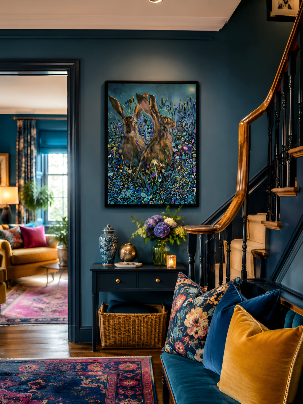 Living room with blue walls, floral artwork, and colorful  wildlife decor