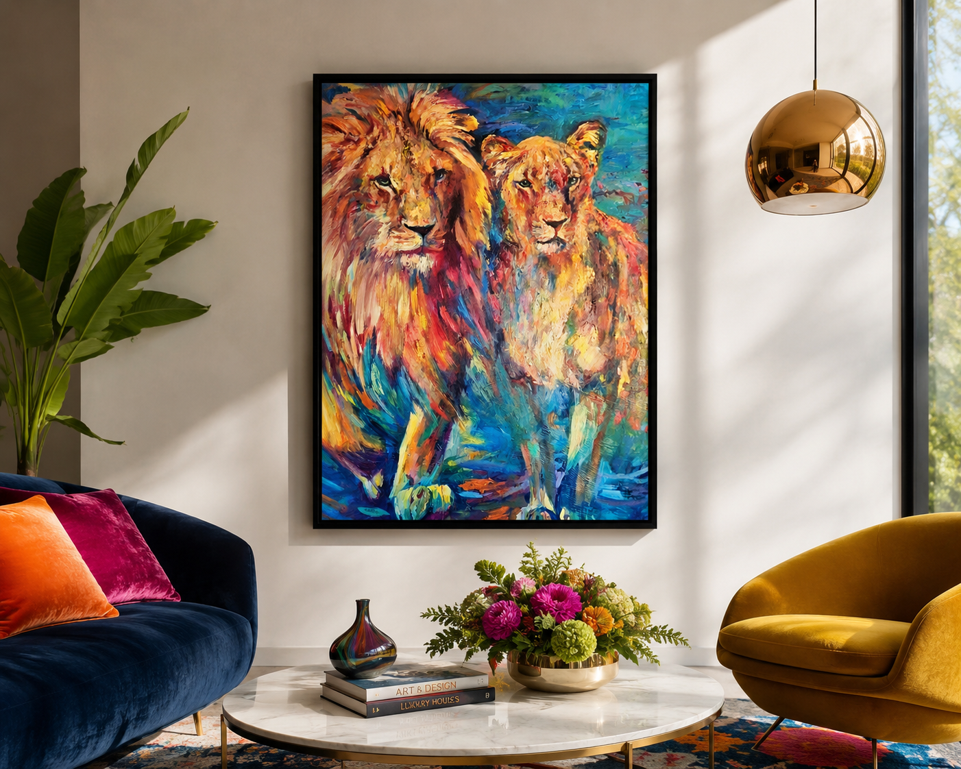Colorful lion painting in a living room with modern decor