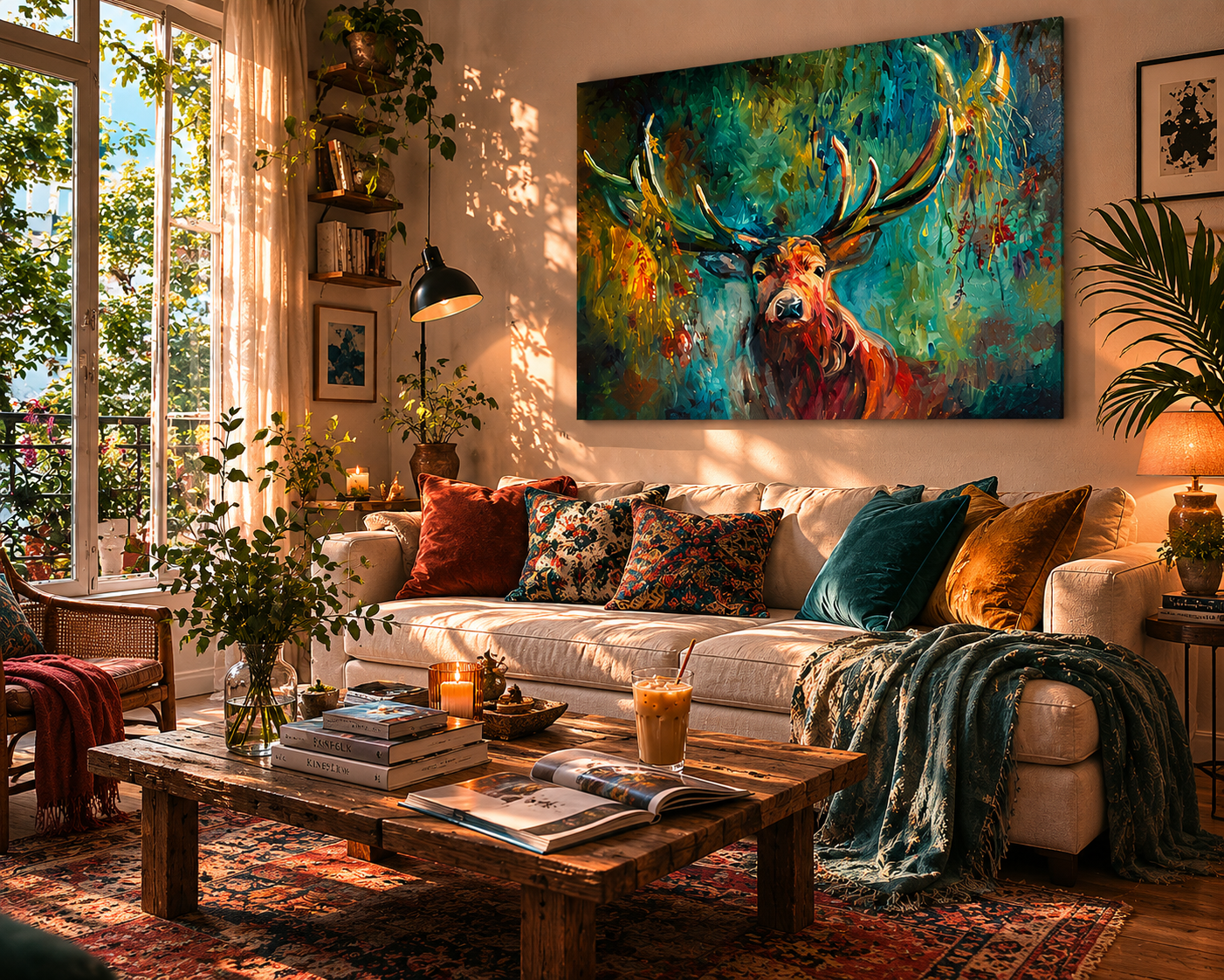 Cozy living room with a large painting of a deer on the wall, a couch with colorful pillows, and a wooden coffee table.