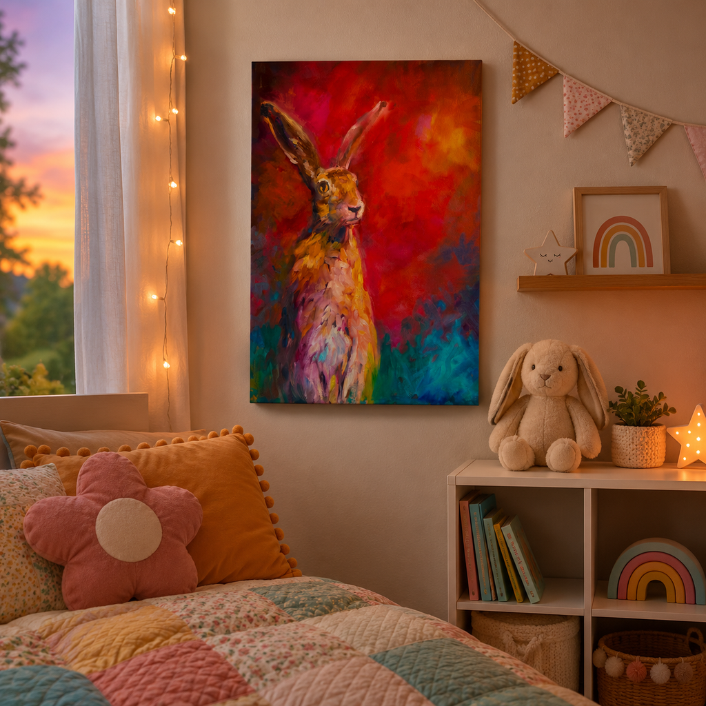Colorful painting of a hare on a wall in a child's room with toys and books.