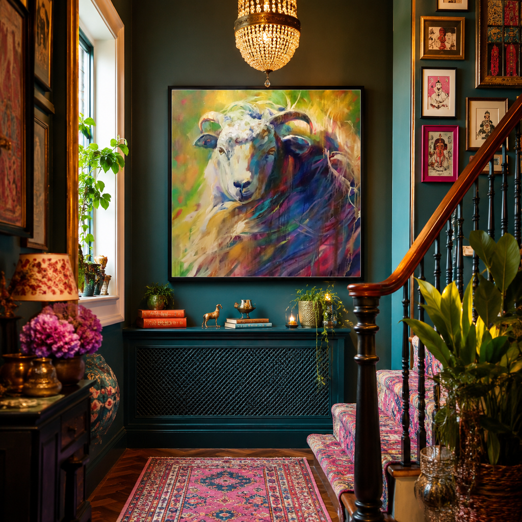 Decorative interior with a colorful painting of a ram on a wall, surrounded by books, plants, and a chandelier.