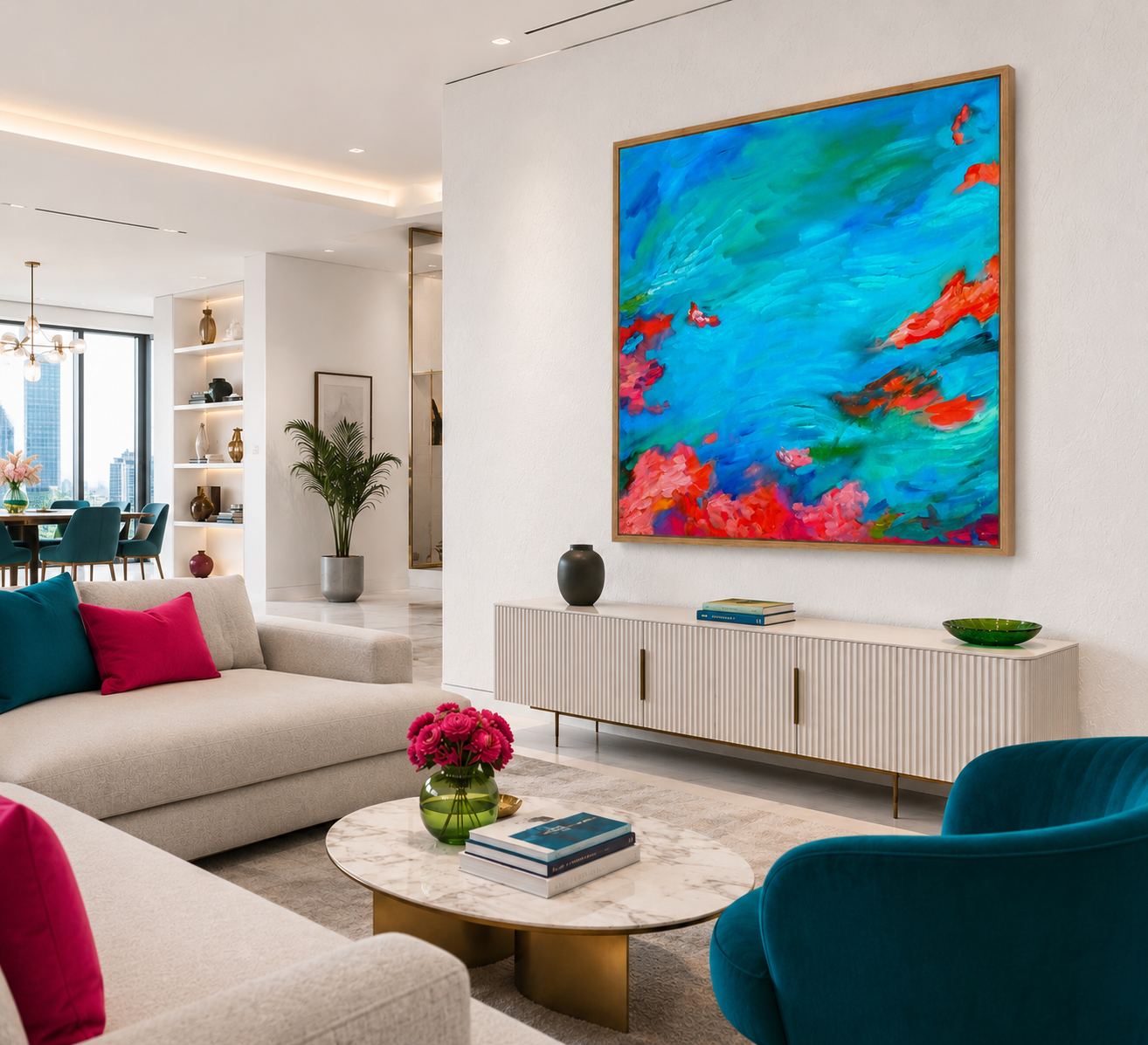 Modern living room with colorful abstract painting, comfortable furniture, and decorative elements.