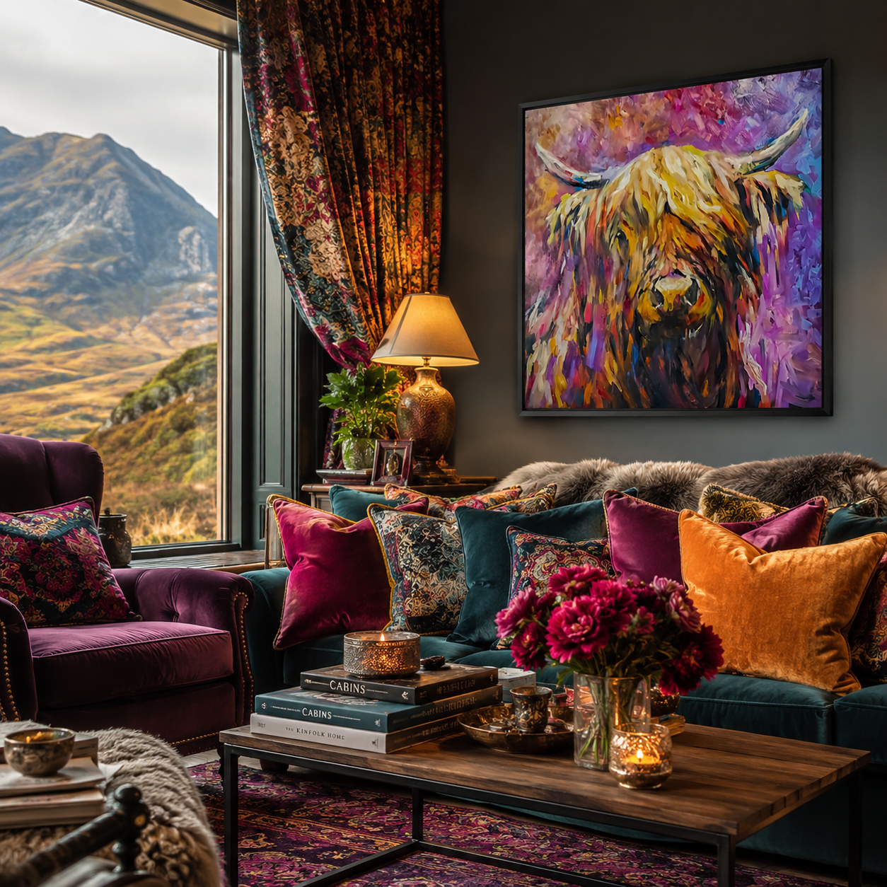 Cozy living room with a colorful painting of a highland cow, mountain view, and decorative pillows.