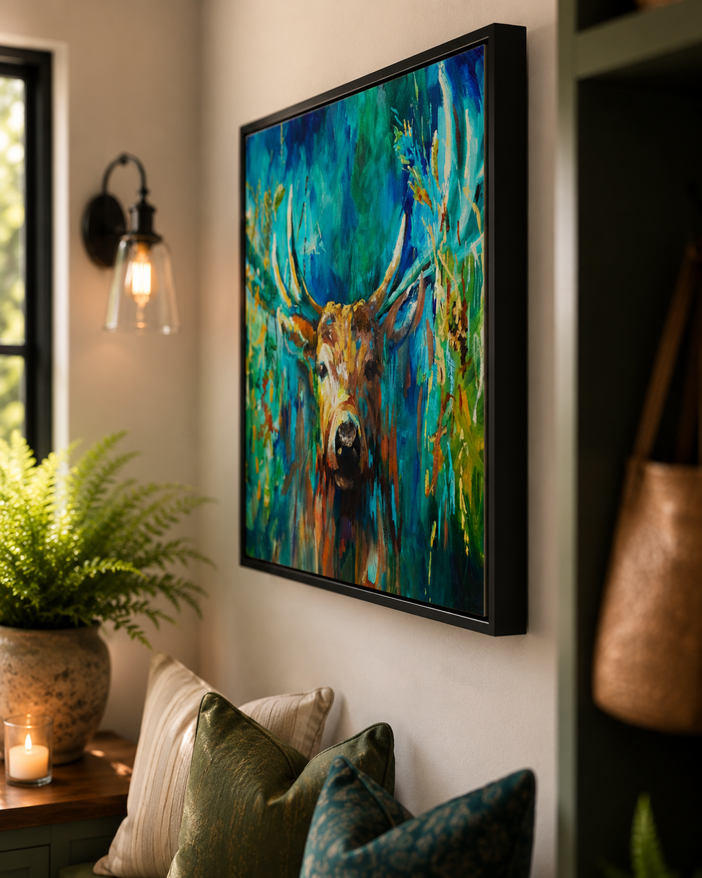 Colorful painting of a deer head on a wall in a room with decor elements.