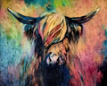 Contemporary Expressionist style colourful Highland Cow canvas art susan gardner uk