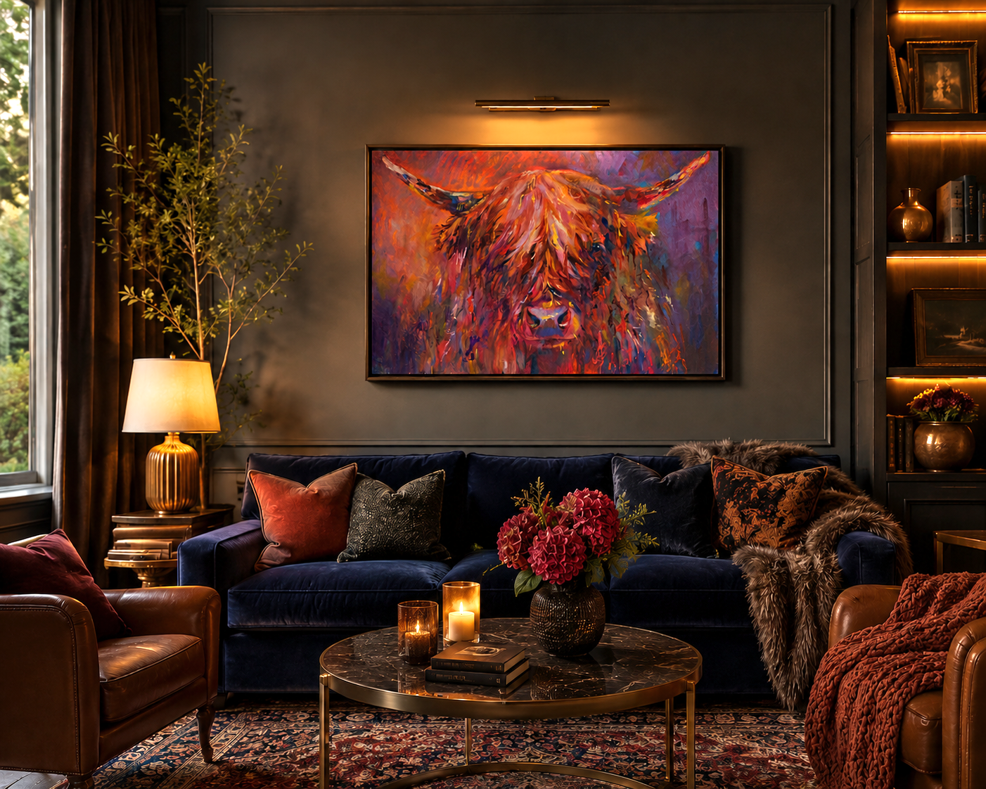 Cozy living room with a large painting of a cow on the wall, dark blue sofa, and decorative items.
